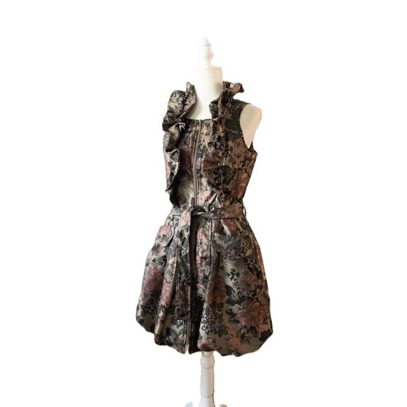 Samuel Dong Pink Floral Brocade Sleeveless Ruffled Dress With Belt SZ S  Bubble - Picture 2 of 12